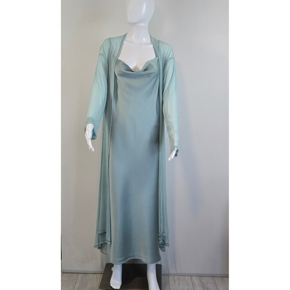 Women Sage Green Satin Cowl Neck Slip Dress and Mesh Duster Set Large - Picture 1 of 12